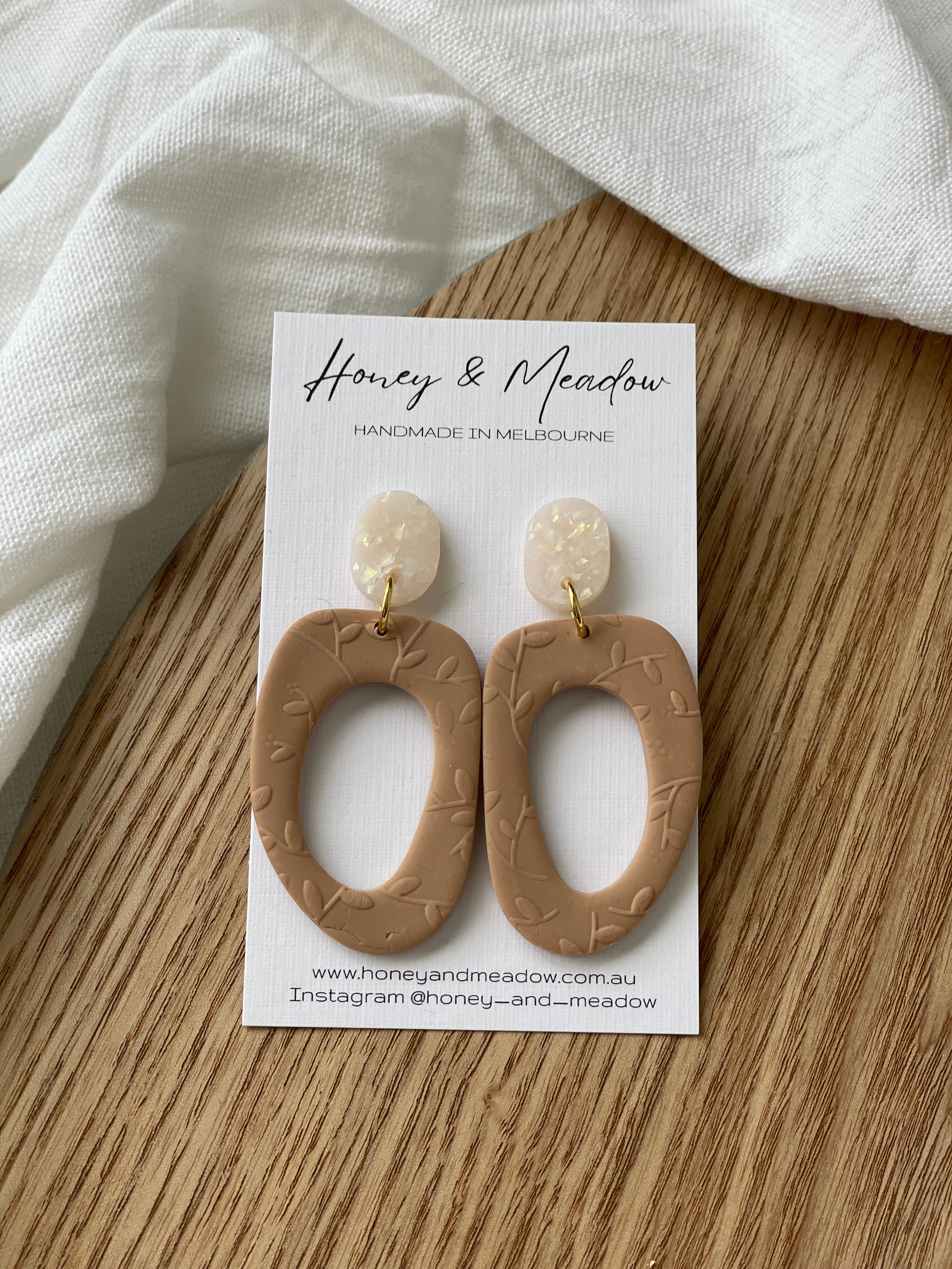 Opal & Tan Floral Print Large Abstract Earrings