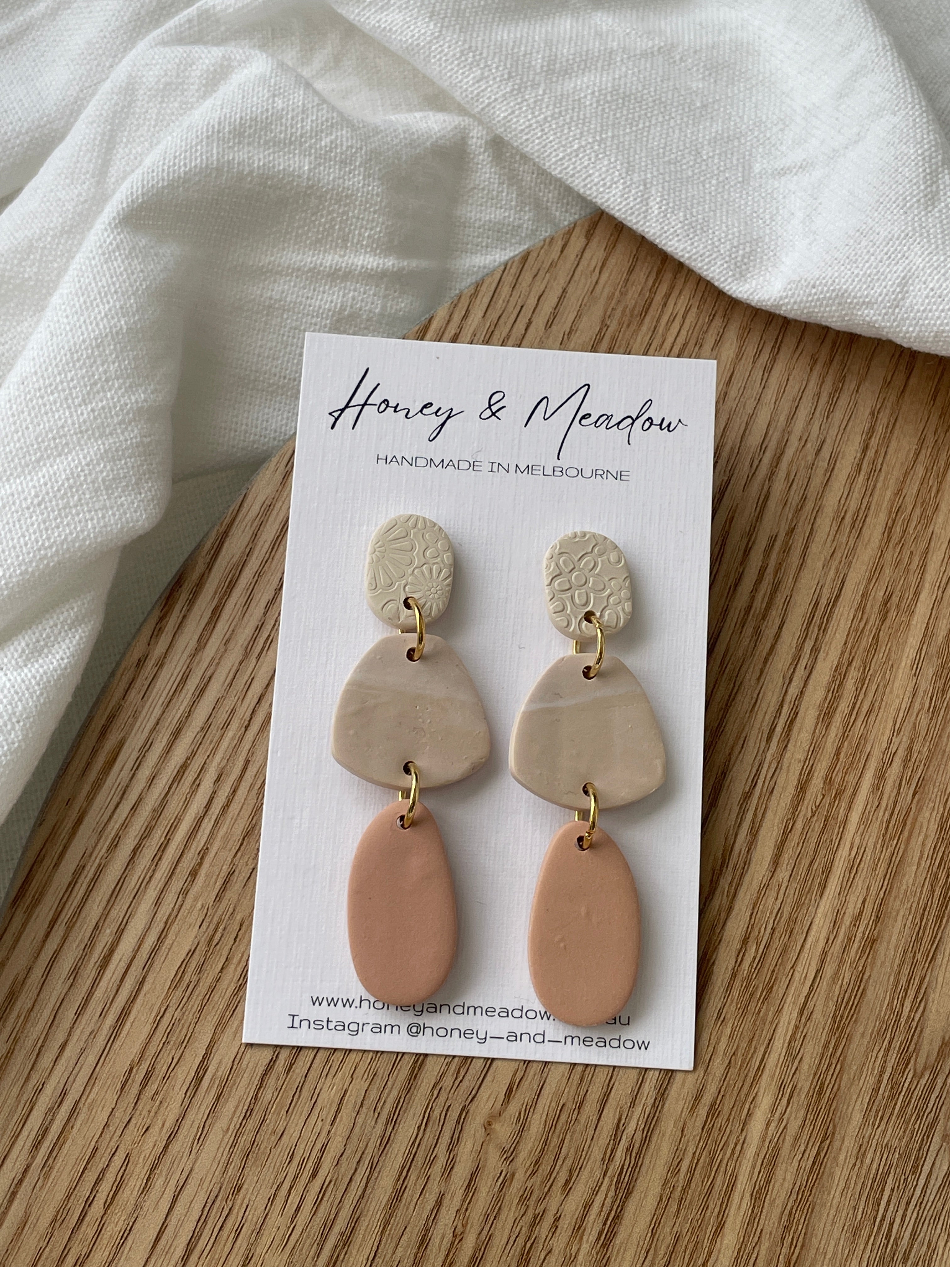 Cream with Floral Print, Sandstone & Tan Drop Earrings
