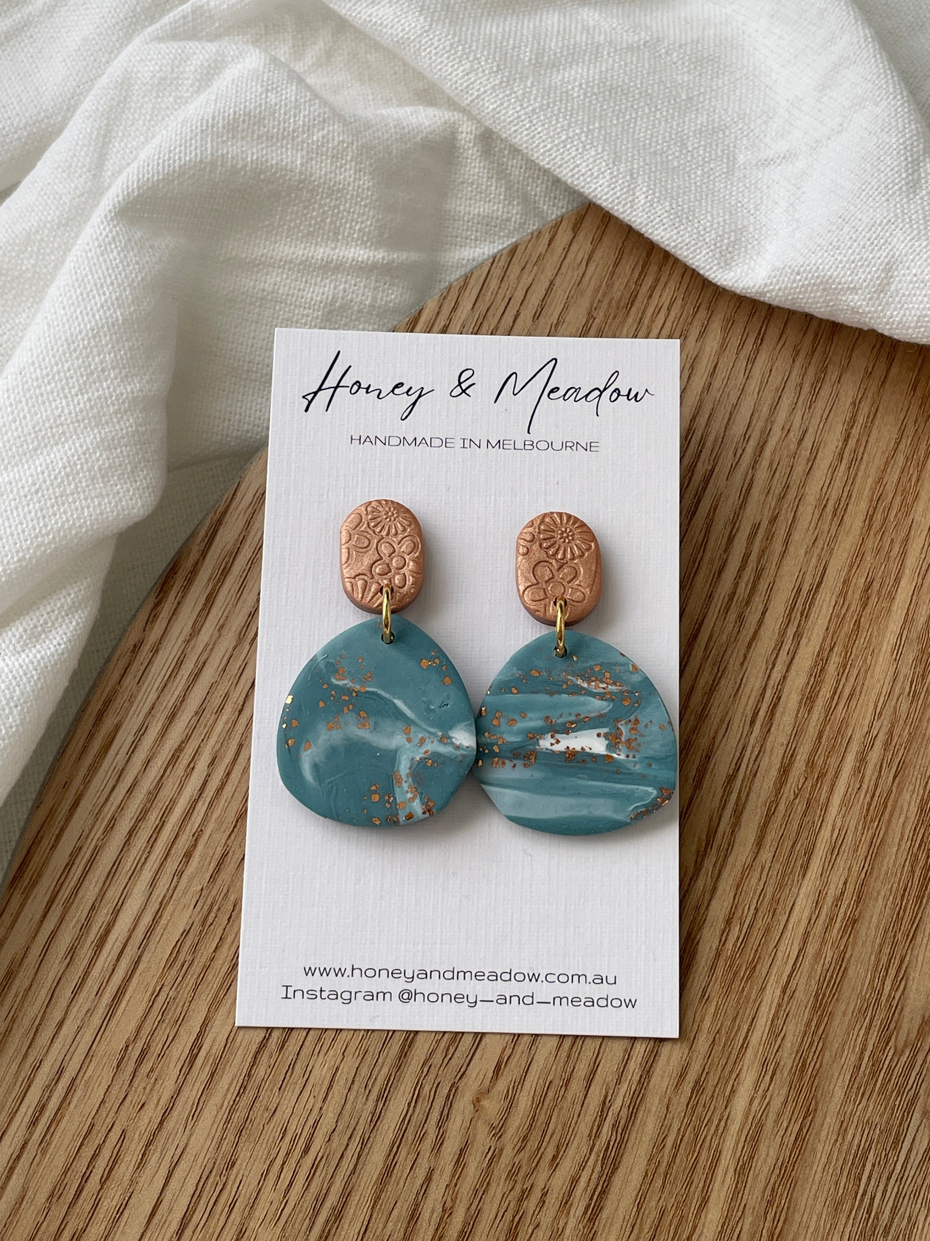 Bronze Floral Print & Blue/White blend with Copper Foil Earrings
