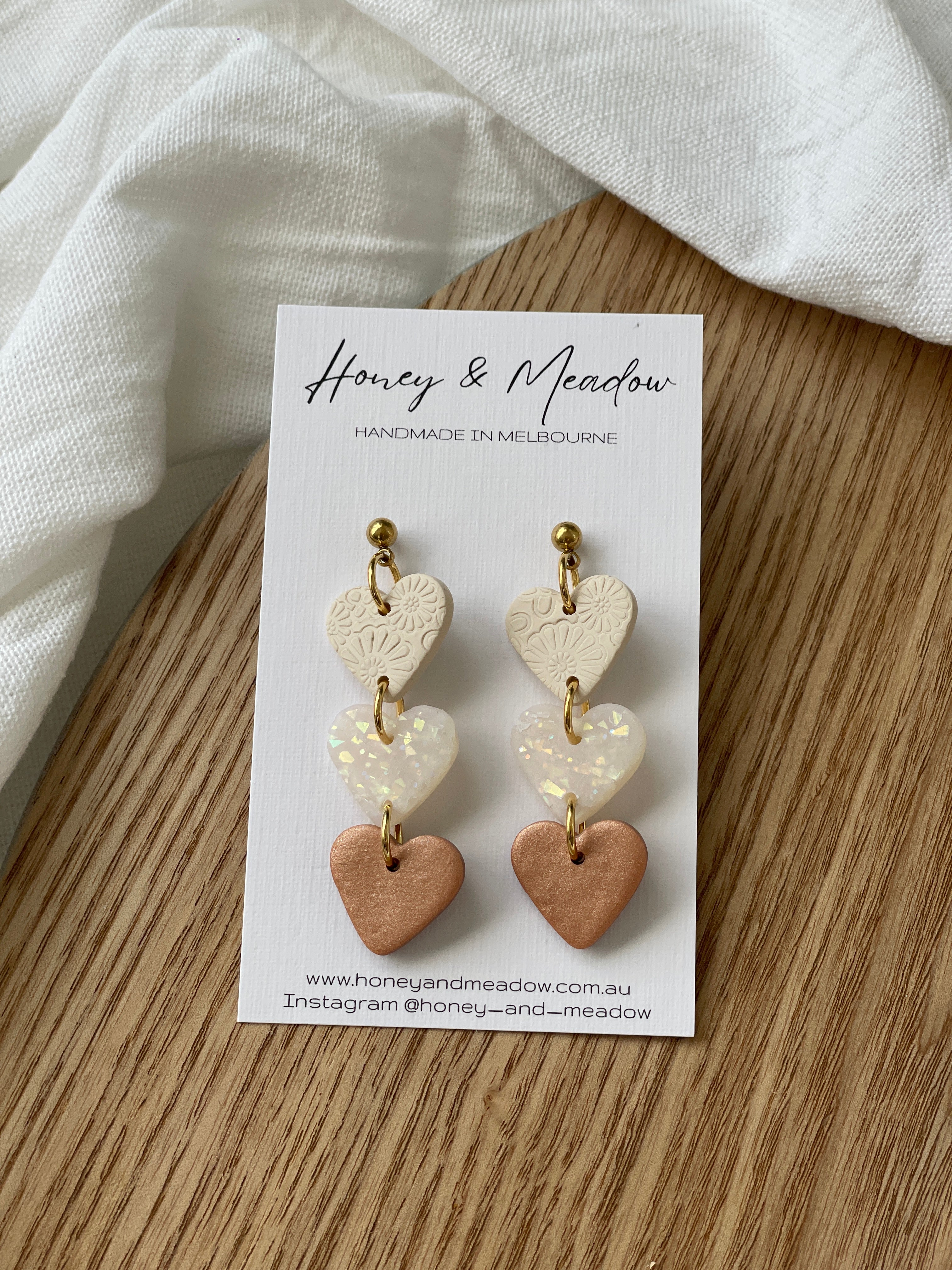Cream, Opal & Bronze Heart Trio Earrings