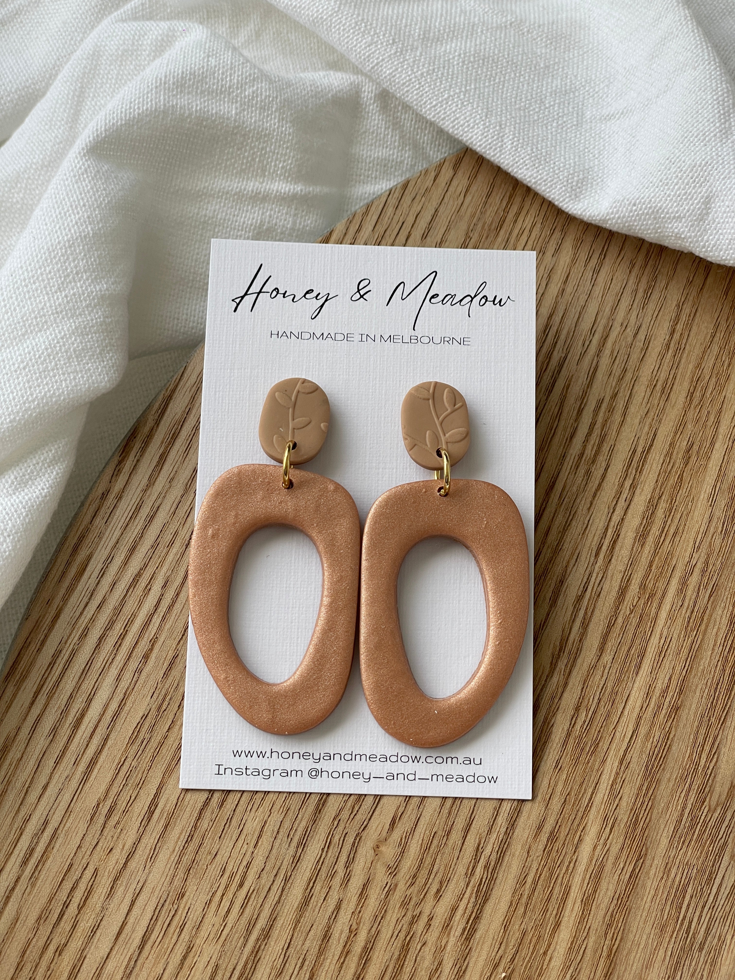 Tan Leaf Print & Bronze Large Abstract Earrings