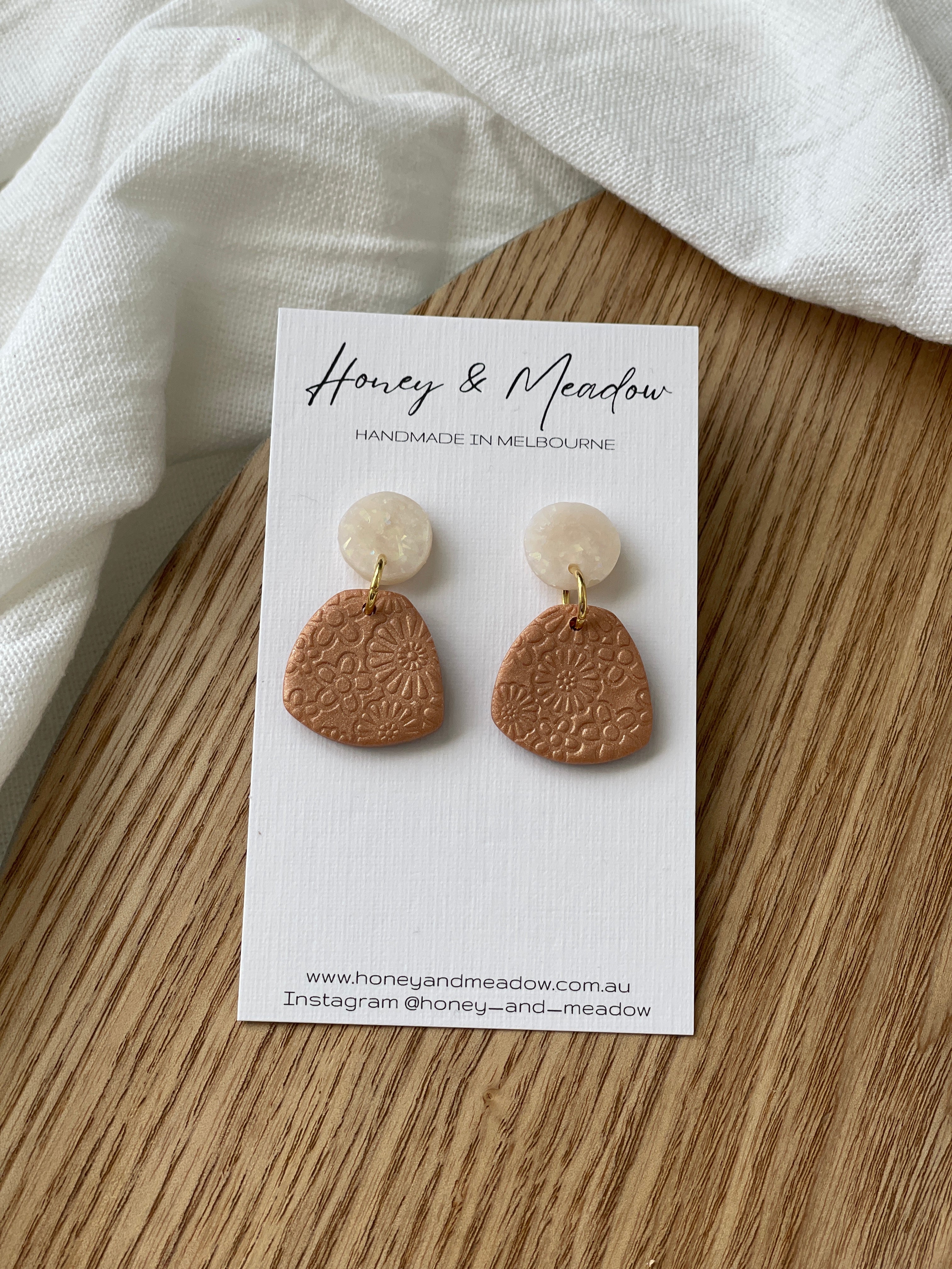 Opal & Bronze Floral Print Small Drop Earrings