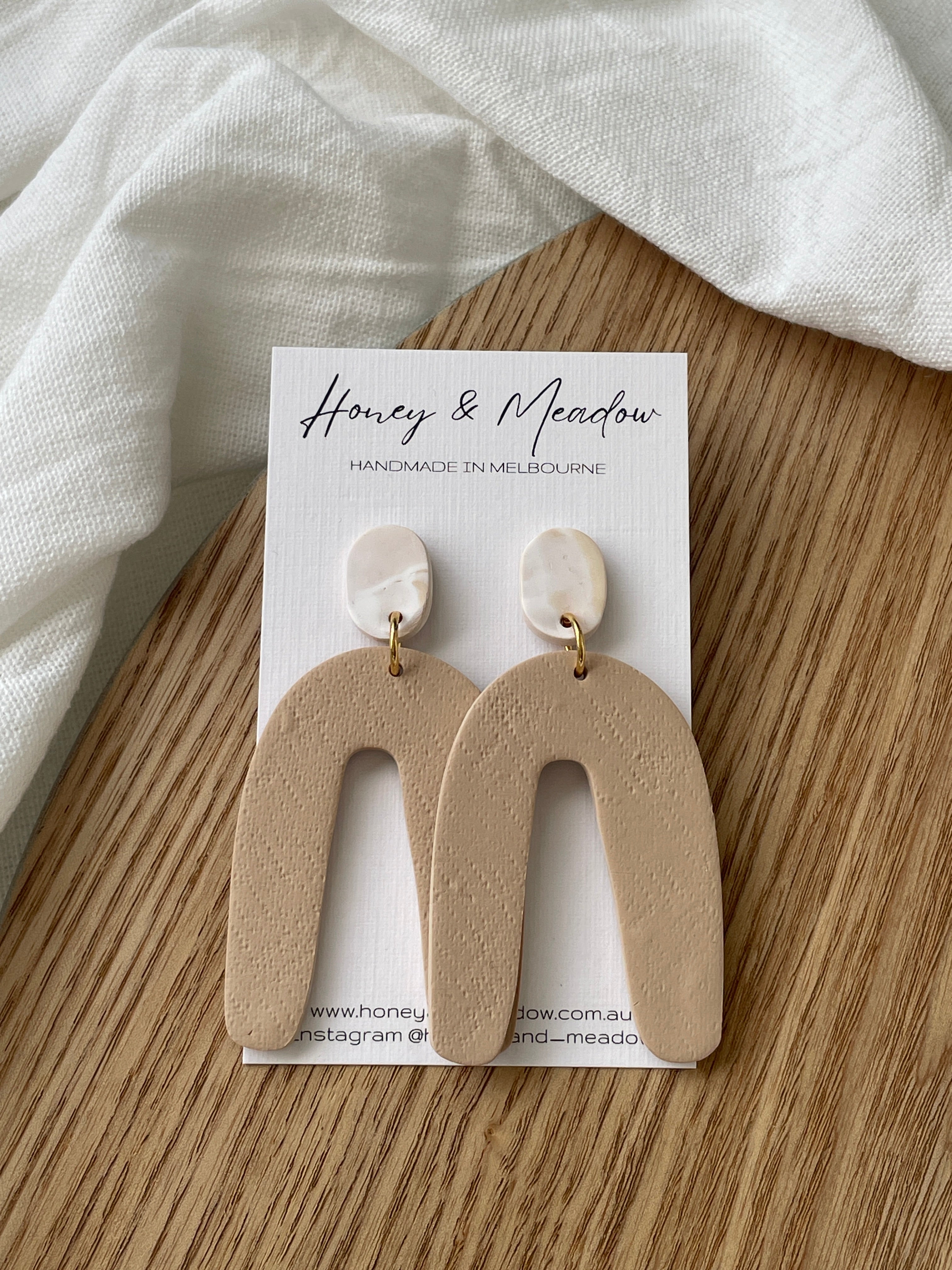 Sandstone & Beige Linen Print Rainbow Earrings