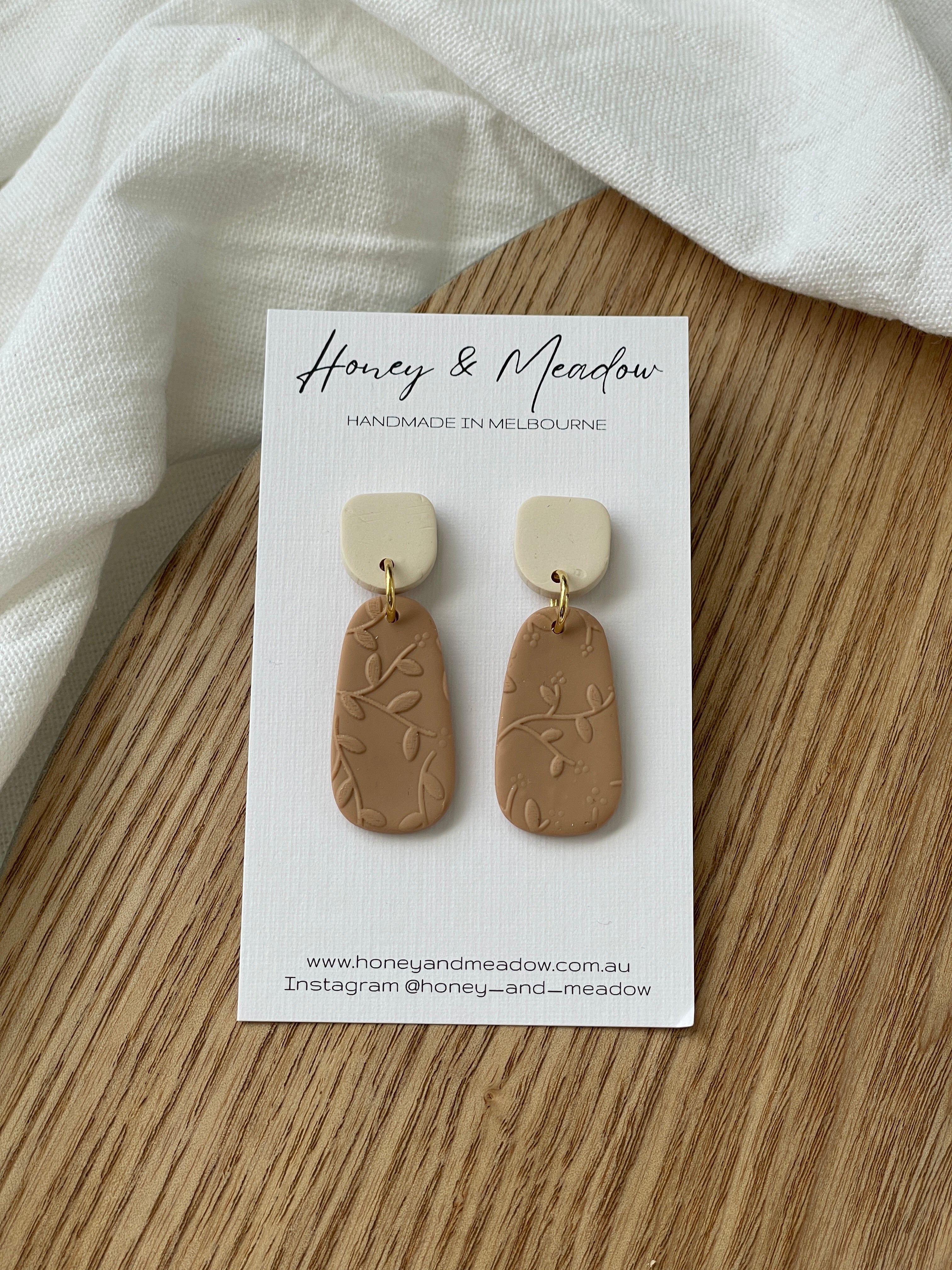 Cream & Tan Leaf Print Earrings