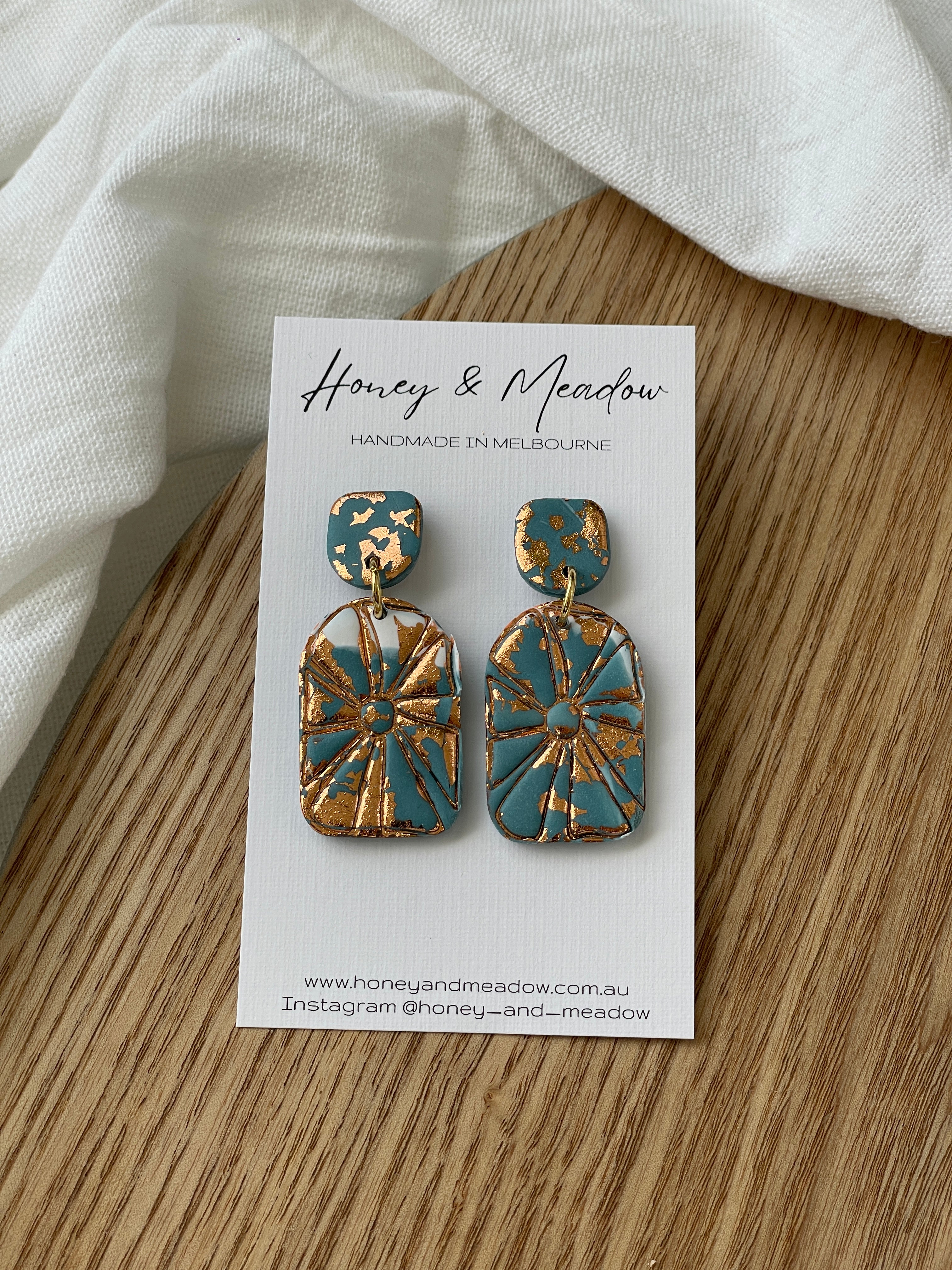 Blue, White & Copper Foil Arch Earrings