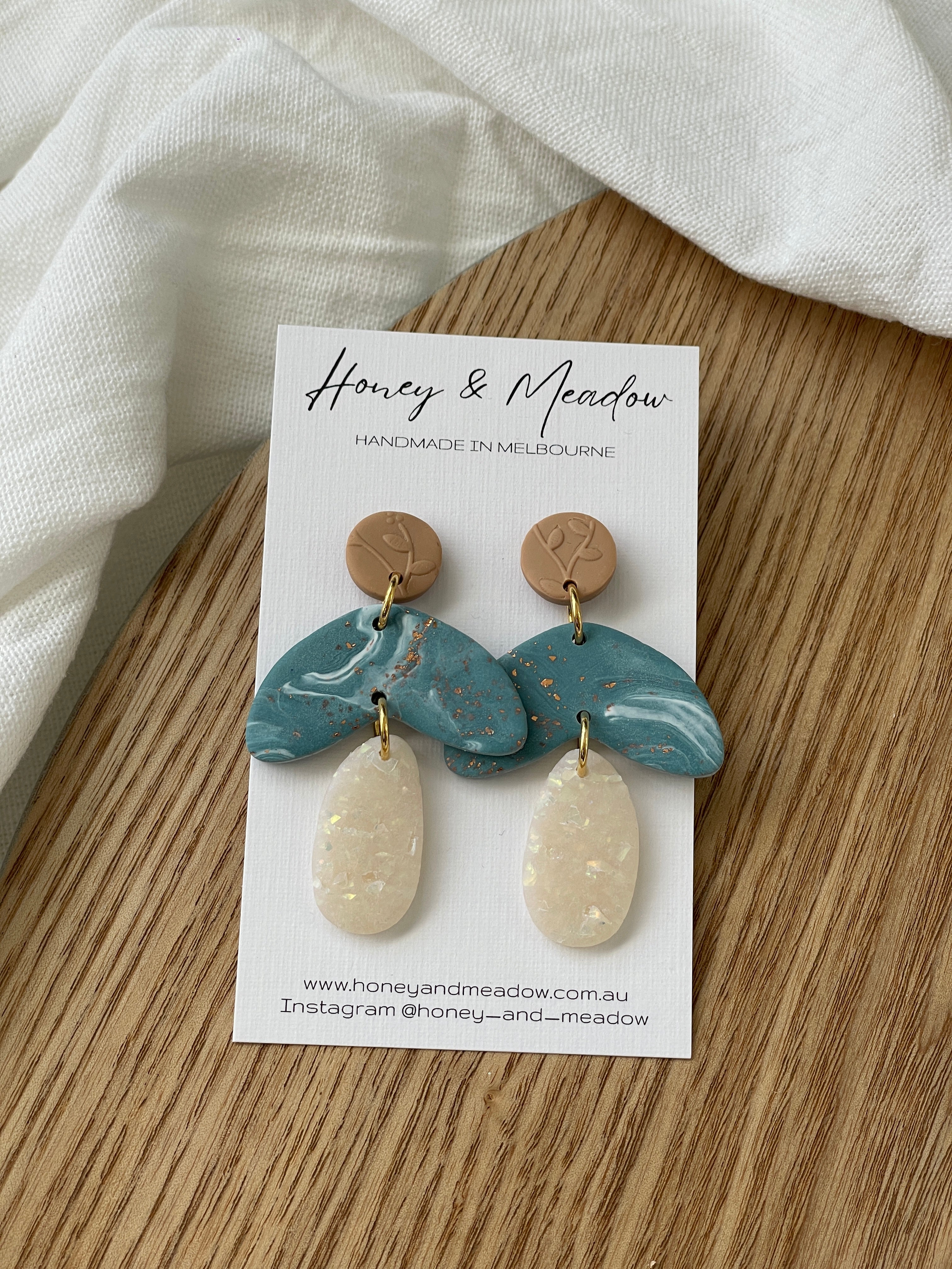 Tan, Opal & Blue/White Blend with Copper Foil Earrings