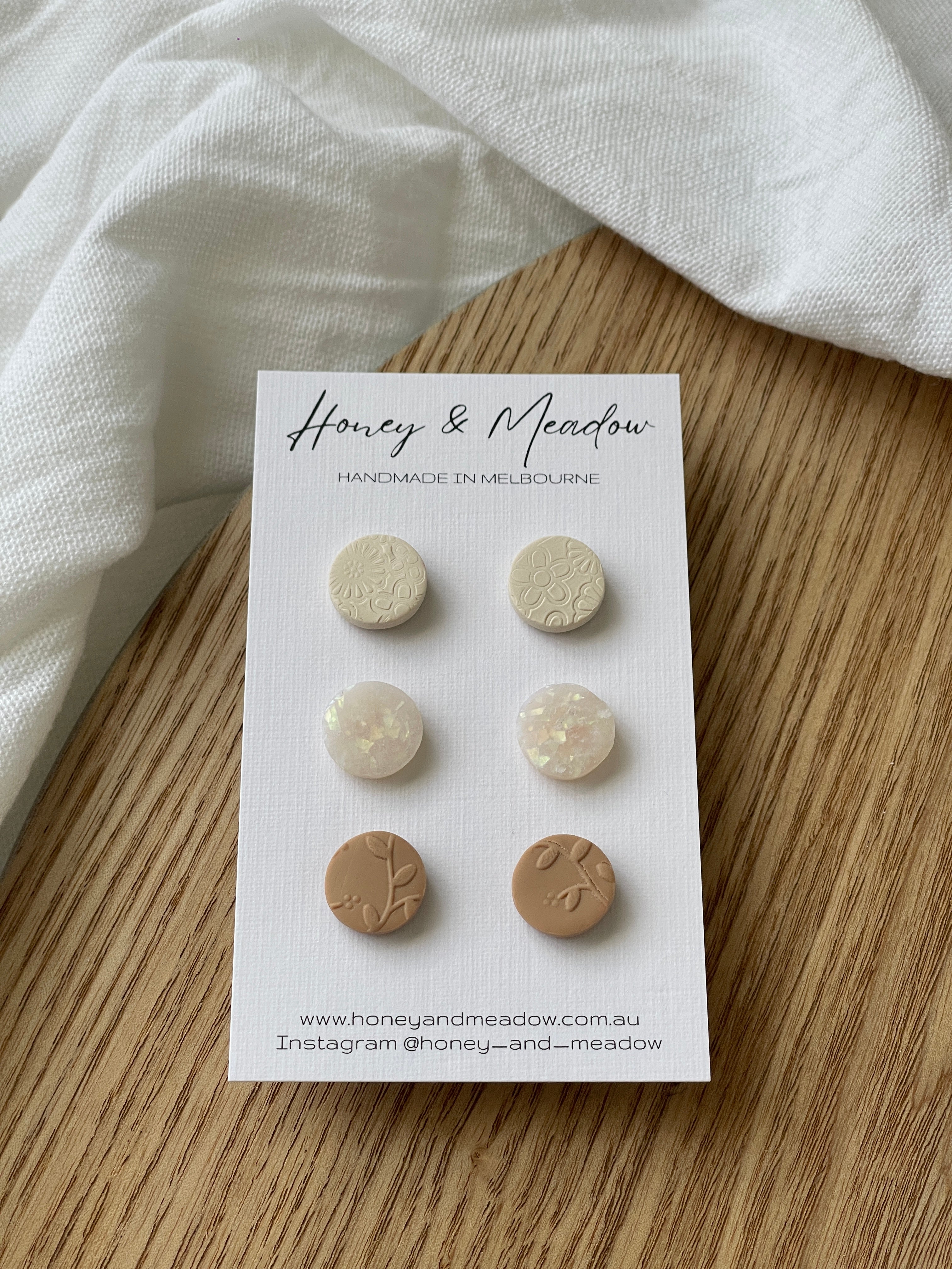 Trio Pack of Studs - Cream Floral, Opal & Tan Floral