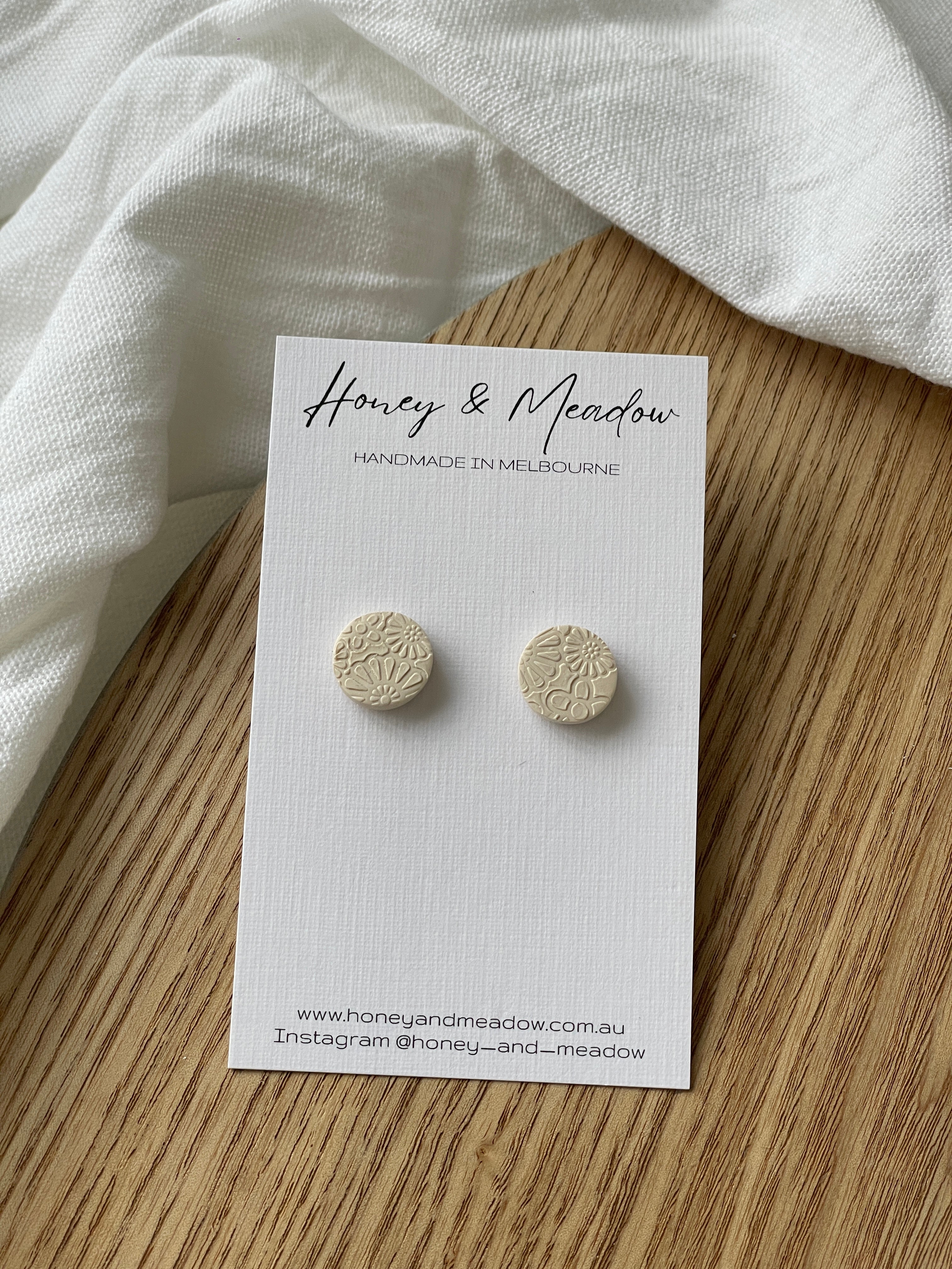 Cream Floral Print Circle Studs